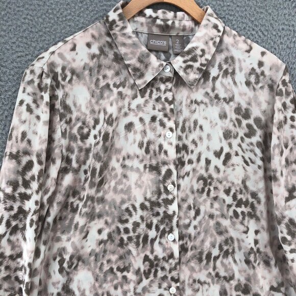 Chicos Shirt Womens 2 US Large Gray Leopard Print Button Roll Tab Sleeve Blouse - Picture 2 of 10